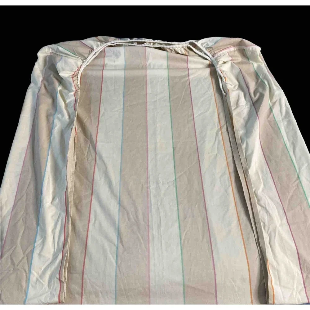 VTG TWIN Atelier Martex Pillowcase & Sheets Percale ~ Beige Tan w Pastel Stripes